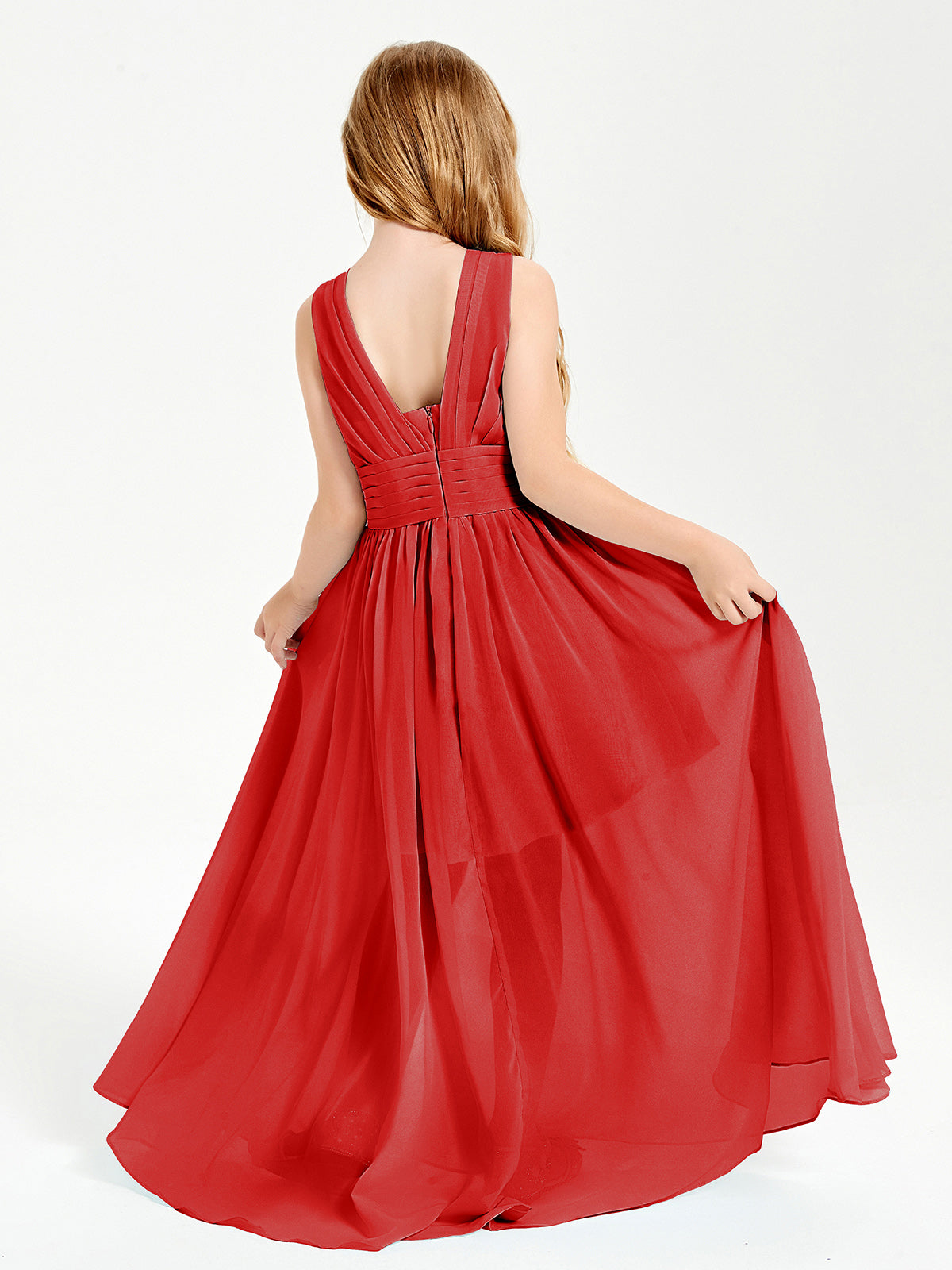 Long V-neck Junior Bridesmaid Dresses Red